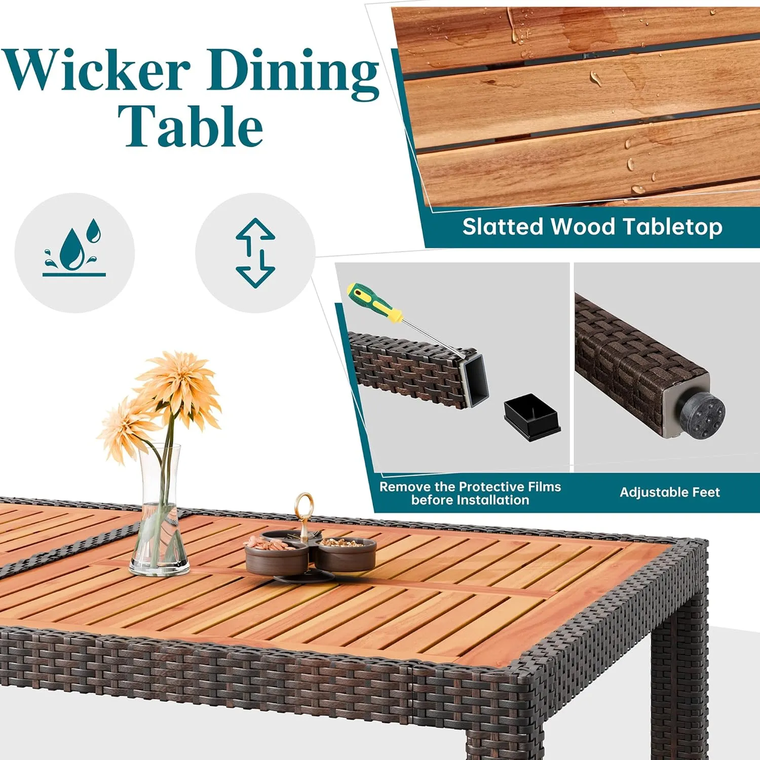 Shintenchi 7 Pieces Patio Dining Set, Wicker Patio Conversation Set with Wooden Table Top, Outdoor Table and Chairs with Soft Cushions for Backyard, Deck and Garden, Brown Rattan