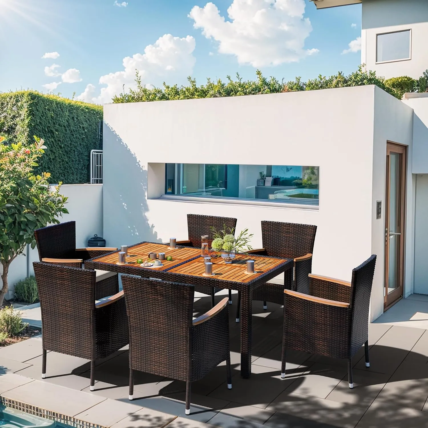 Shintenchi 7 Pieces Patio Dining Set, Wicker Patio Conversation Set with Wooden Table Top, Outdoor Table and Chairs with Soft Cushions for Backyard, Deck and Garden, Brown Rattan