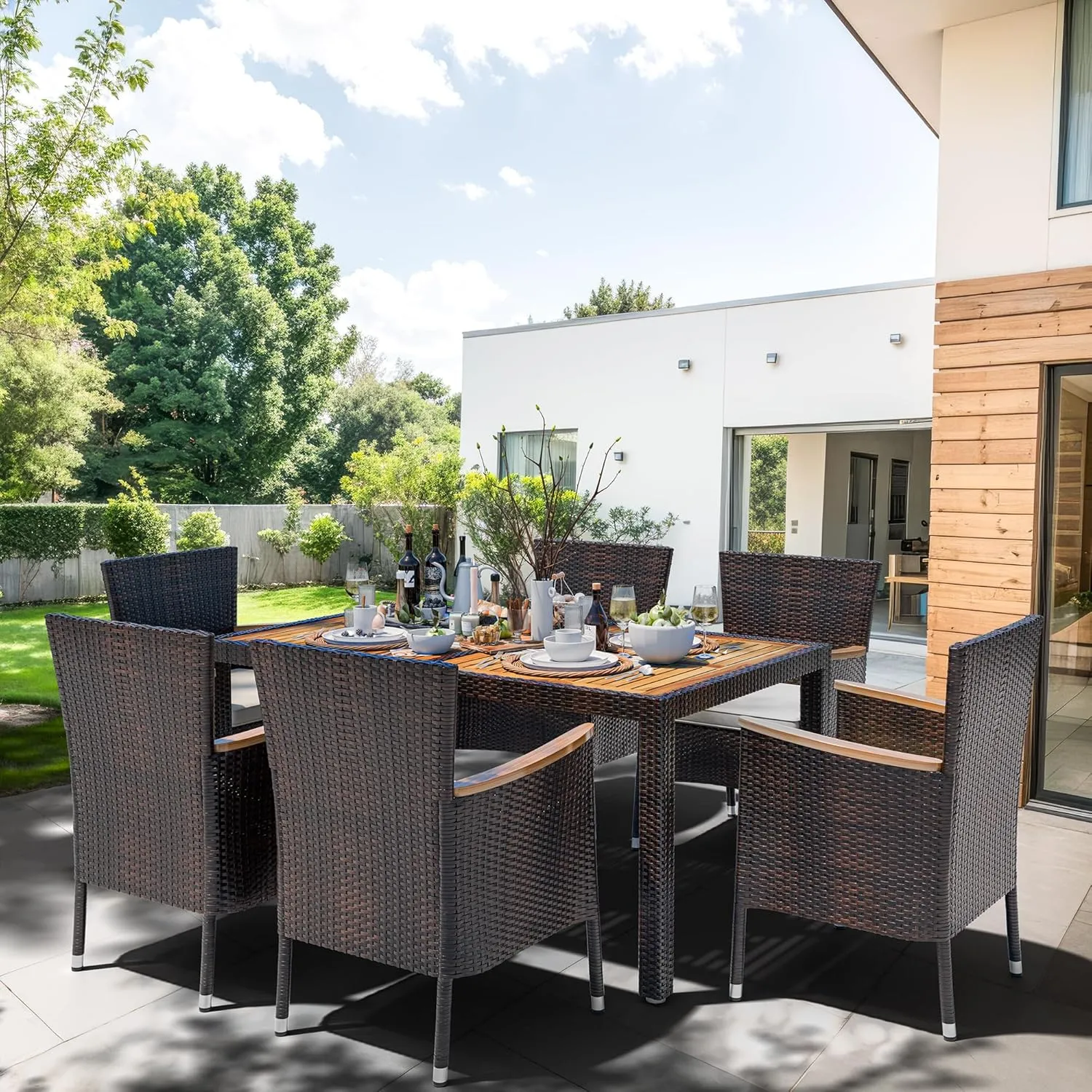 Shintenchi 7 Pieces Patio Dining Set, Wicker Patio Conversation Set with Wooden Table Top, Outdoor Table and Chairs with Soft Cushions for Backyard, Deck and Garden, Brown Rattan