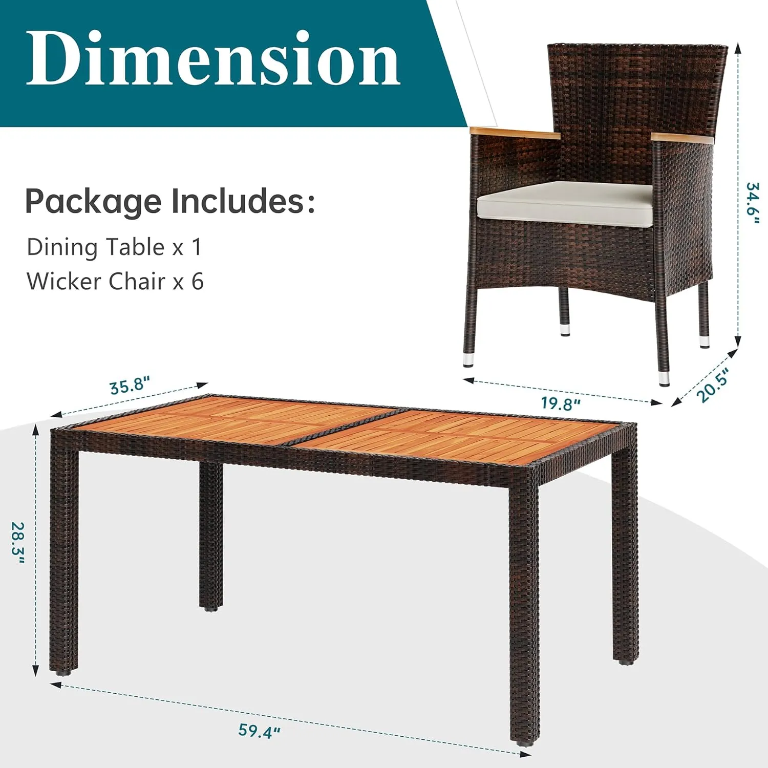 Shintenchi 7 Pieces Patio Dining Set, Wicker Patio Conversation Set with Wooden Table Top, Outdoor Table and Chairs with Soft Cushions for Backyard, Deck and Garden, Brown Rattan