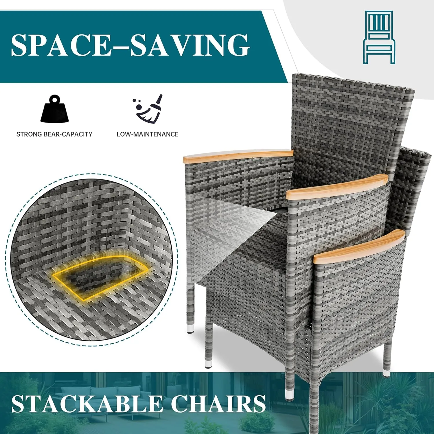 Shintenchi 7 Pieces Patio Dining Set, Wicker Patio Conversation Set with Wooden Table Top, Outdoor Table and Chairs with Soft Cushions for Backyard, Deck and Garden, Grey Rattan