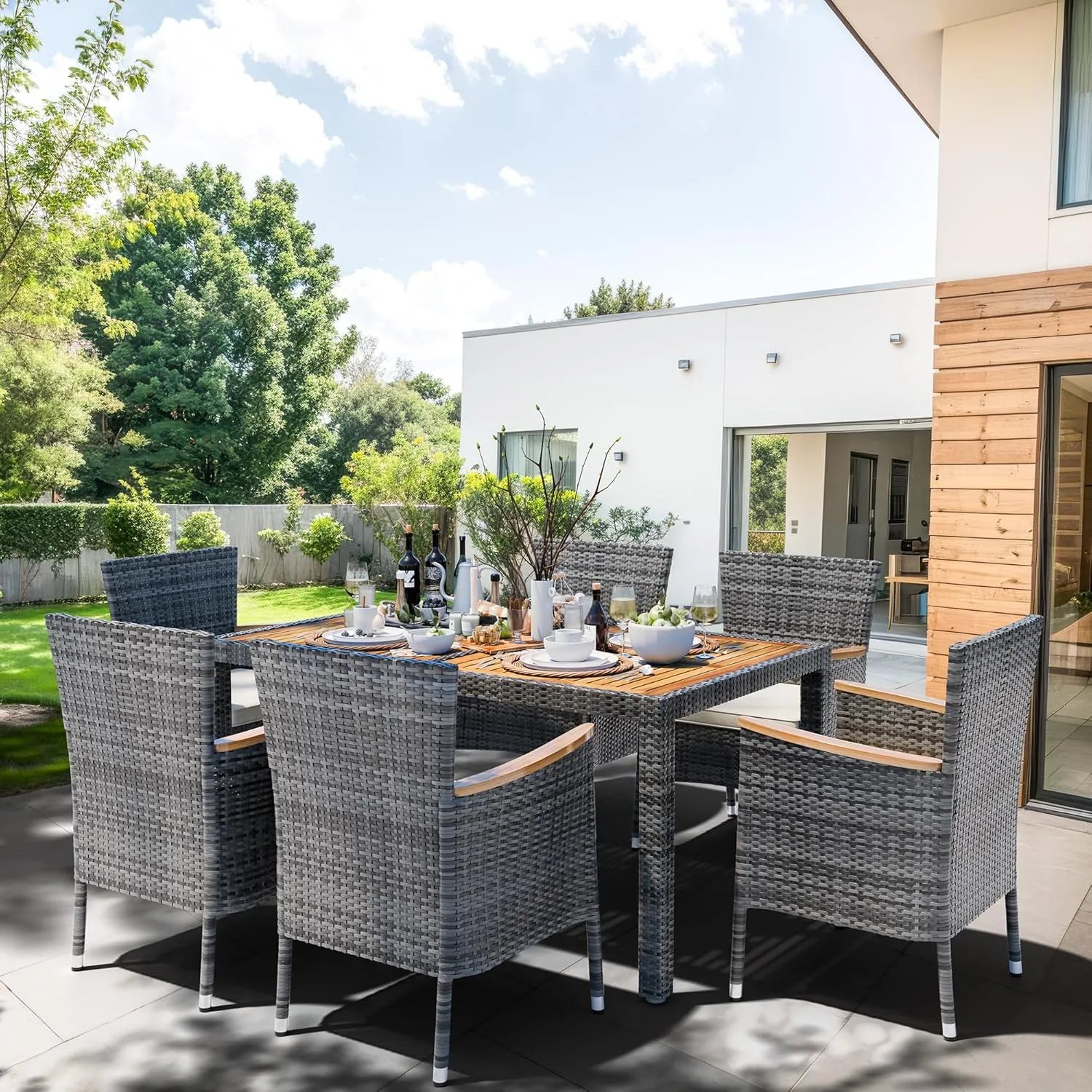 Shintenchi 7 Pieces Patio Dining Set, Wicker Patio Conversation Set with Wooden Table Top, Outdoor Table and Chairs with Soft Cushions for Backyard, Deck and Garden, Grey Rattan