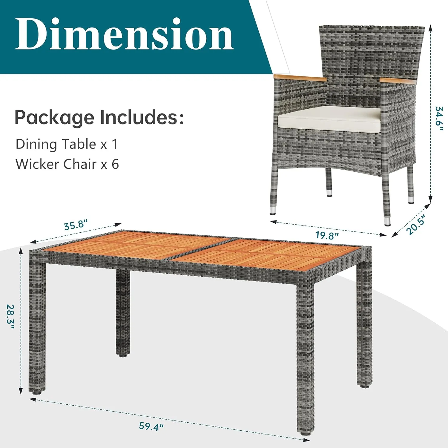 Shintenchi 7 Pieces Patio Dining Set, Wicker Patio Conversation Set with Wooden Table Top, Outdoor Table and Chairs with Soft Cushions for Backyard, Deck and Garden, Grey Rattan