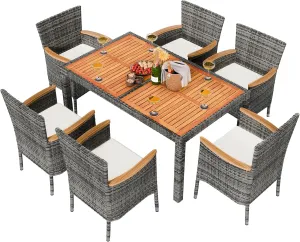 Shintenchi 7 Pieces Patio Dining Set, Wicker Patio Conversation Set with Wooden Table Top, Outdoor Table and Chairs with Soft Cushions for Backyard, Deck and Garden, Grey Rattan
