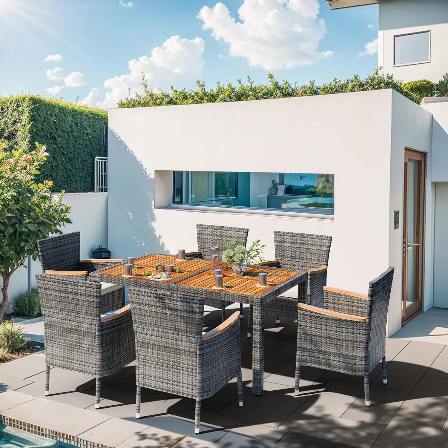 Shintenchi 7 Pieces Patio Dining Set, Wicker Patio Conversation Set with Wooden Table Top, Outdoor Table and Chairs with Soft Cushions for Backyard, Deck and Garden, Grey Rattan