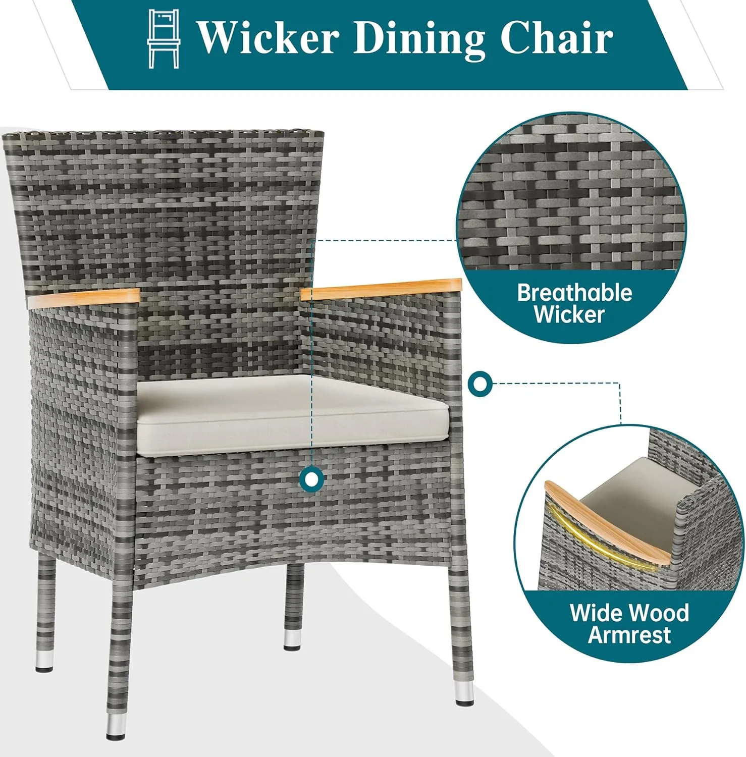 Shintenchi 7 Pieces Patio Dining Set, Wicker Patio Conversation Set with Wooden Table Top, Outdoor Table and Chairs with Soft Cushions for Backyard, Deck and Garden, Grey Rattan