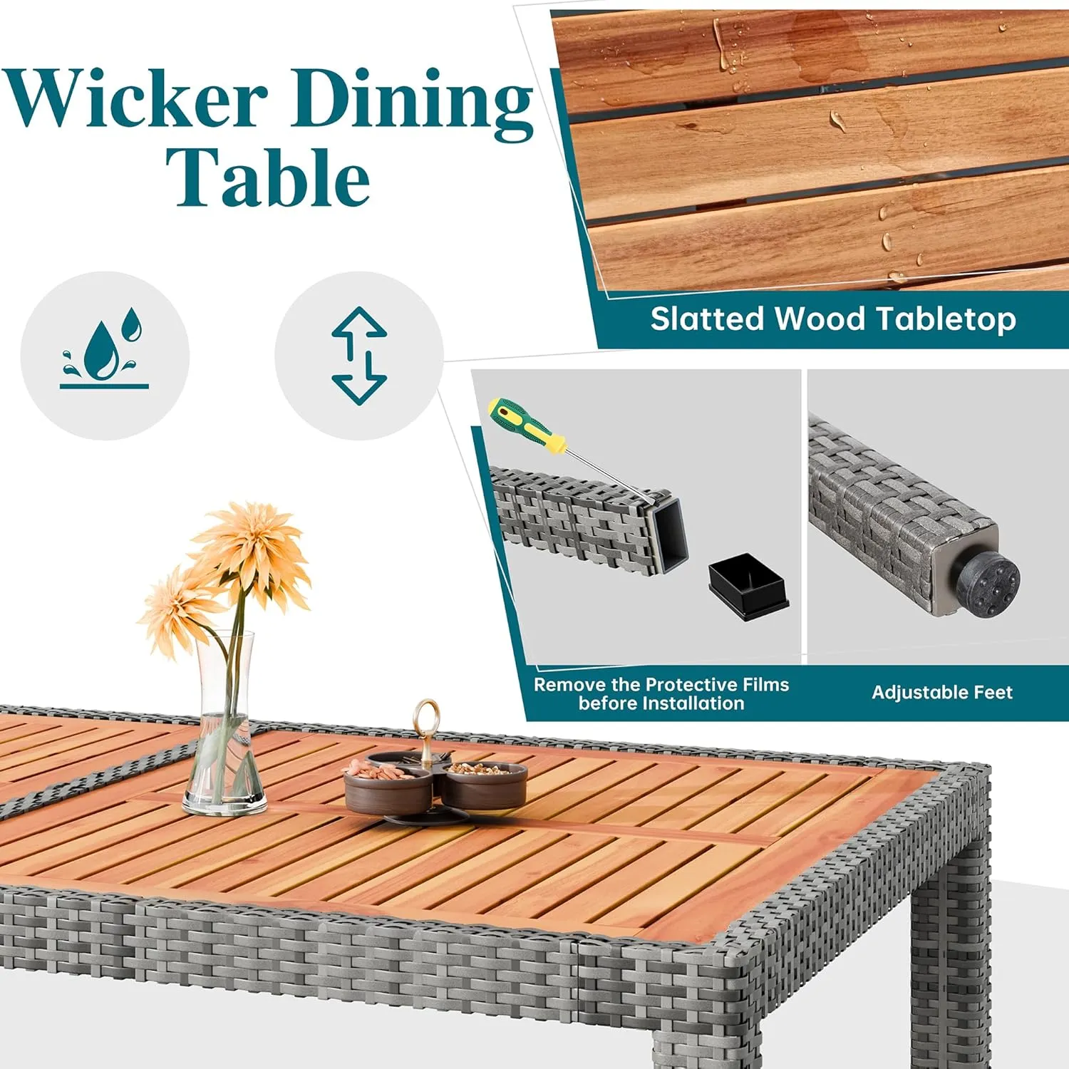 Shintenchi 7 Pieces Patio Dining Set, Wicker Patio Conversation Set with Wooden Table Top, Outdoor Table and Chairs with Soft Cushions for Backyard, Deck and Garden, Grey Rattan