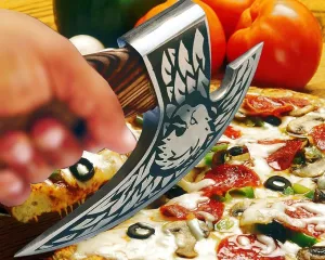 SHINY CRAFTS -Viking Pizza Cutter Axe Pizza Axe Viking Hatchet Mini Axe- Pizza Cutter, Viking Axe, Camping Axe, Small Axe with Premium Leather Sheath (VBA-0029-A)
