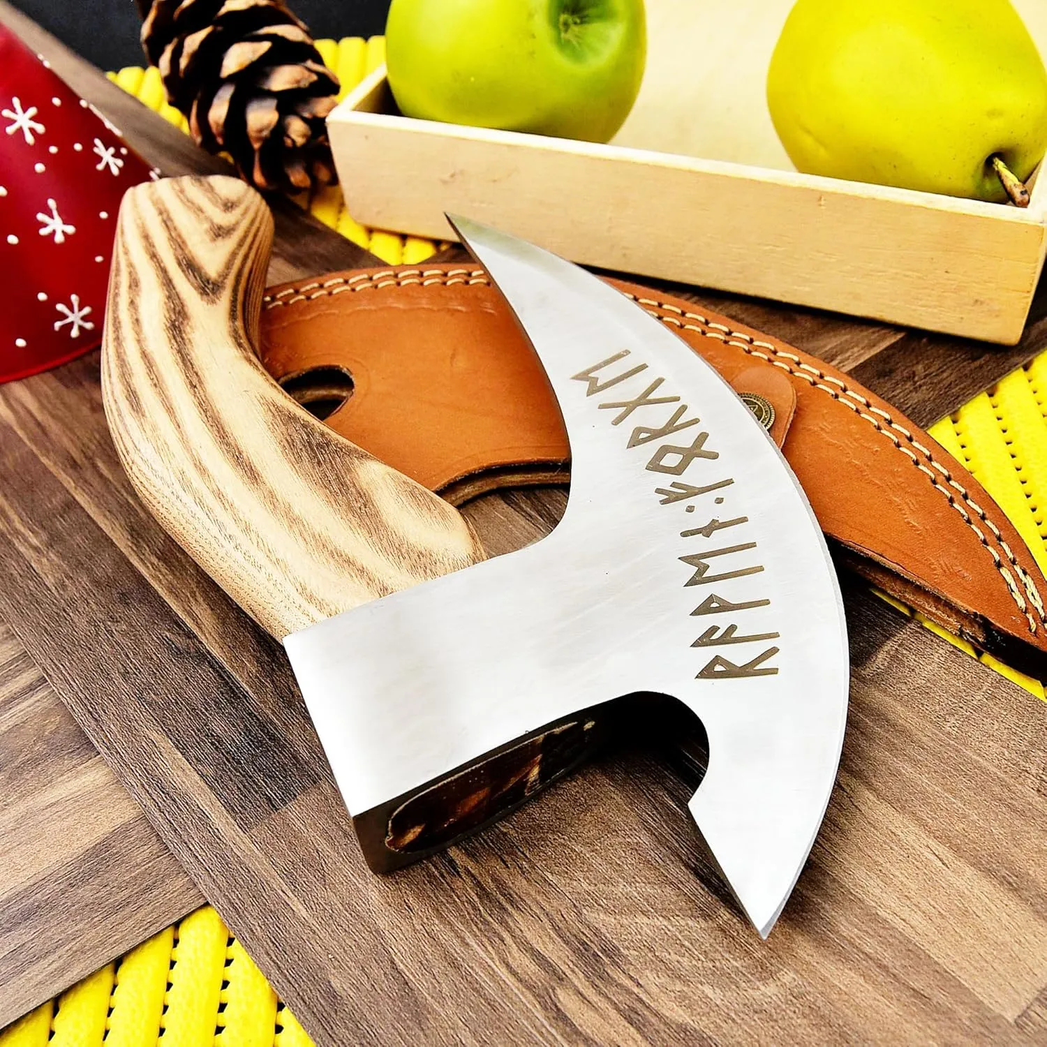 SHINY CRAFTS -Viking Pizza Cutter Axe Pizza Axe Viking Hatchet Mini Axe- Pizza Cutter, Viking Axe, Camping Axe, Small Axe with Premium Leather Sheath (VBA-0029-C)