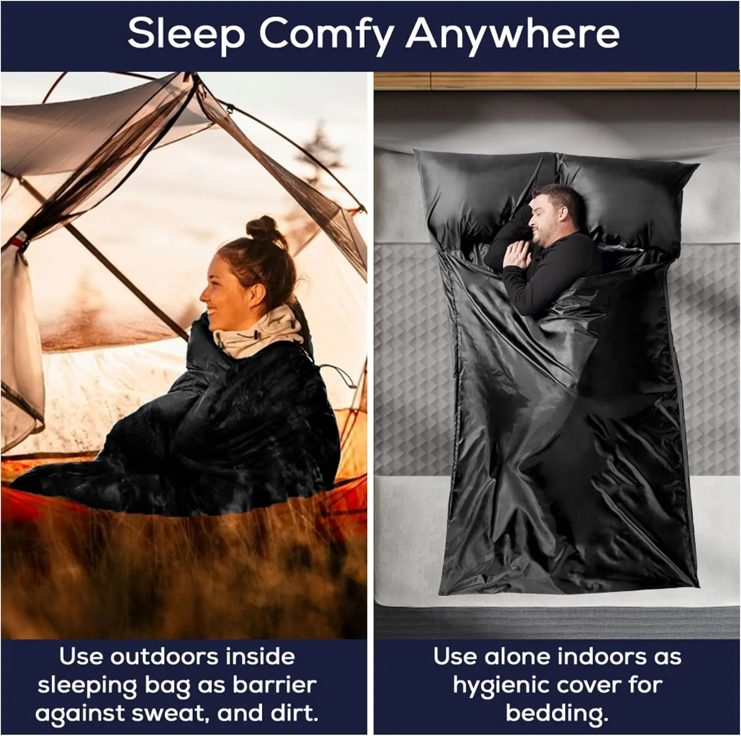 Silky Sleeping Bag Liner Cold/Warm Weather–XL Travel Sheets for Hotel 85"×52"– Lightweight Sleep Sack with Zipper & Pillow Pocket-100% Polyester Adult Sleep Sack - Hotel Sleeping Bag.