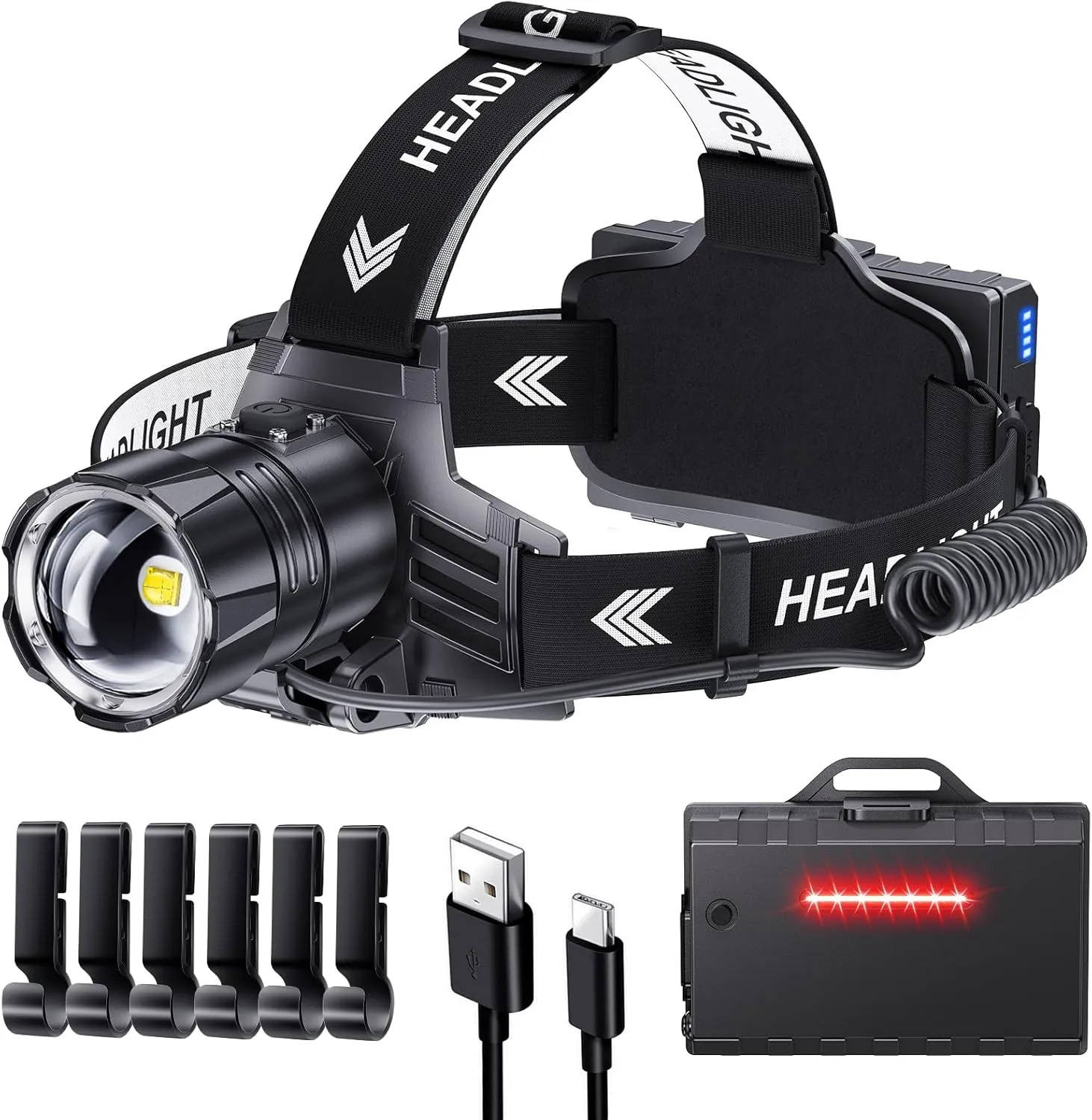 Sinvimes 2999 Lumen LED Rechargeable Headlamp, 96H Long Battery Life Head Lamp with 5 Modes & IPX7 Waterproof & Zoomable, 120° Adjustable Head Light for Adults, Outdoor, Camping, Hardhat