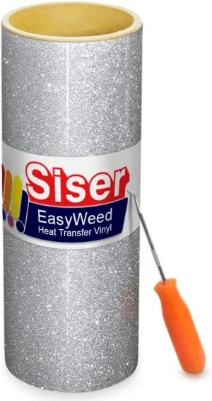Siser Glitter Heat Transfer Craft Vinyl Roll 5 Foot x 10 Inch Roll Including Stainless Steel Weeding Tool (Silver)