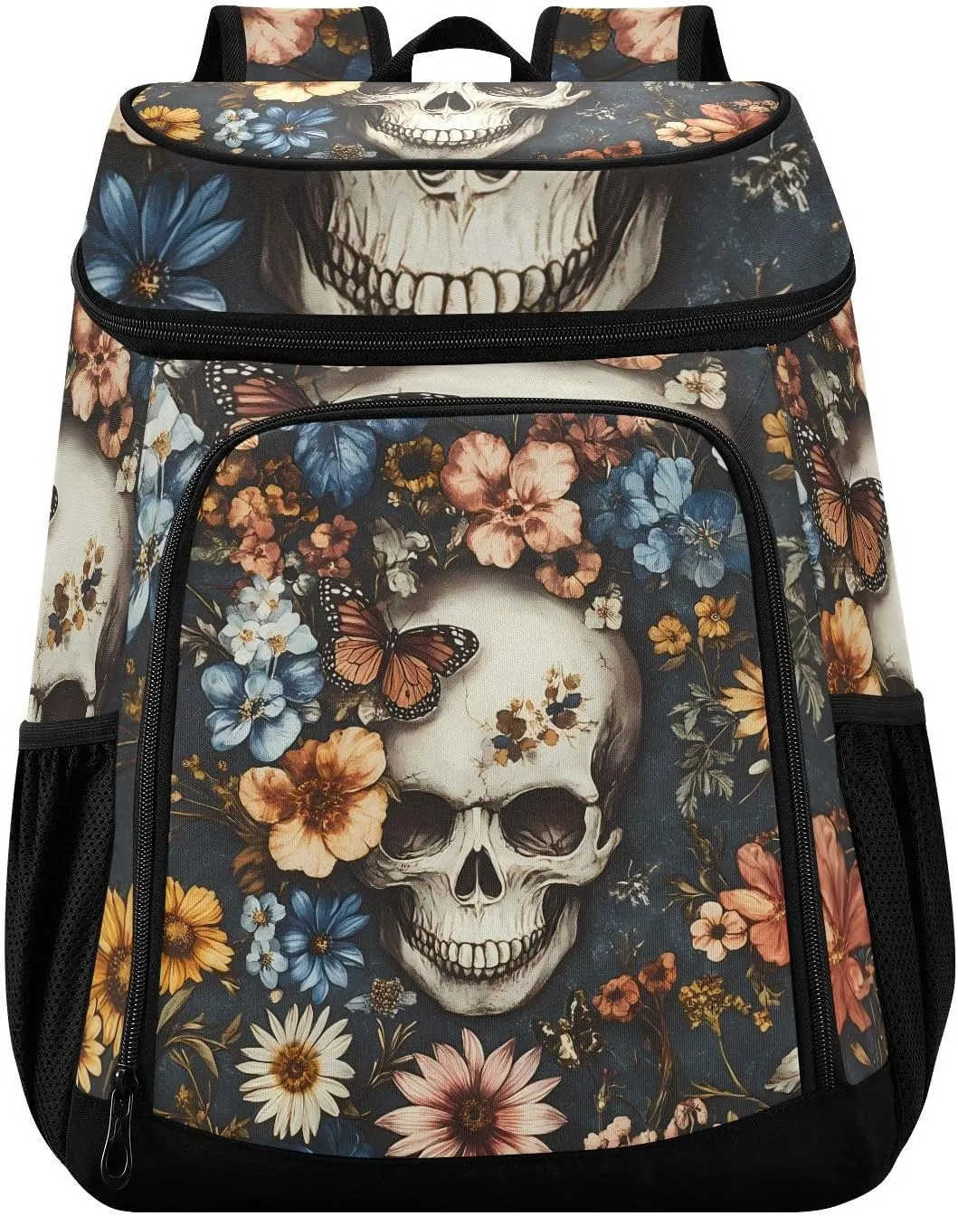 Skeleton Flower Skull Sugar Black Cooler Backpack Cooler Insulated Leak Proof Lunch Backpack 36 Cans Waterproof Soft for Men Women Picnic Hiking Camping Beach