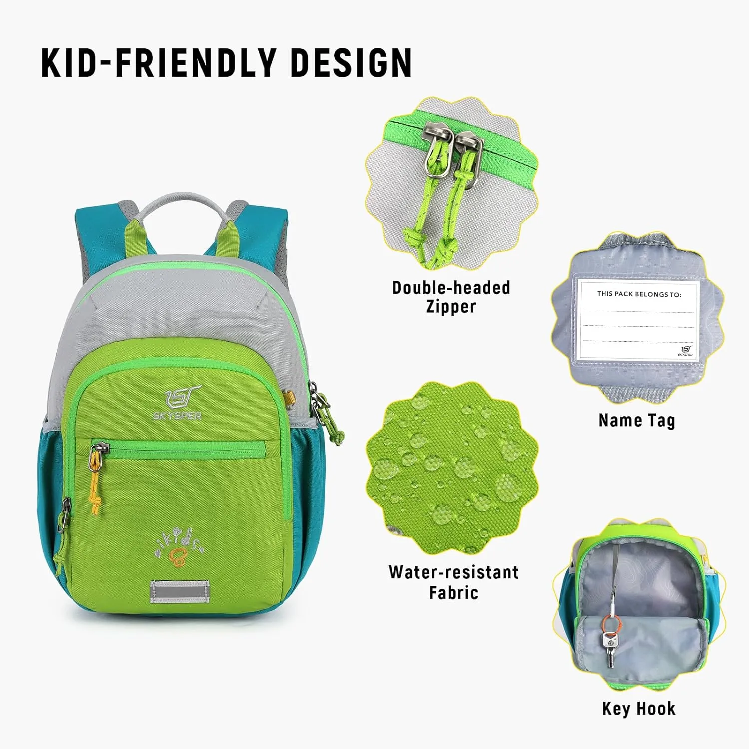 SKYSPER Toddler Backpack for Girls Boys Age 2-8, Cute Small Kids Backpack for Preschool Kindergarten and Travel, Green