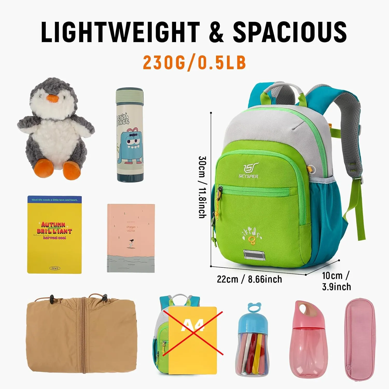 SKYSPER Toddler Backpack for Girls Boys Age 2-8, Cute Small Kids Backpack for Preschool Kindergarten and Travel, Green