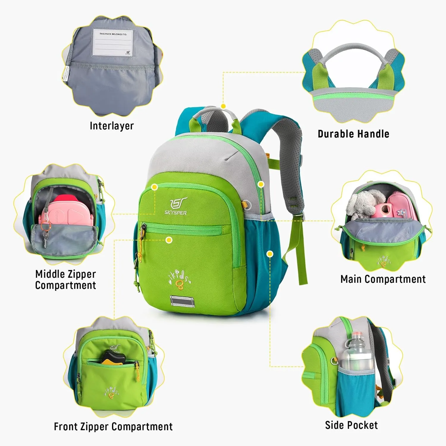 SKYSPER Toddler Backpack for Girls Boys Age 2-8, Cute Small Kids Backpack for Preschool Kindergarten and Travel, Green