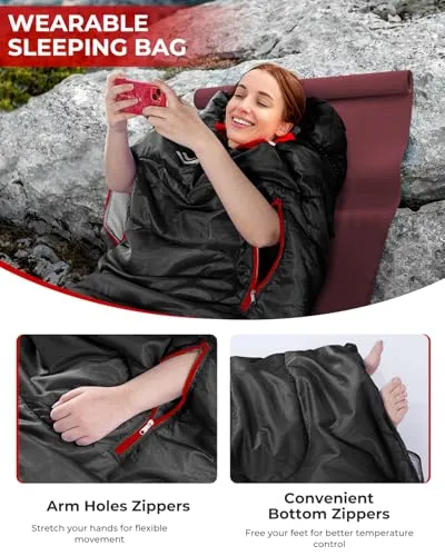 Sleeping Bag - Wearable for Adults & Kids with Arm Zipper Holes