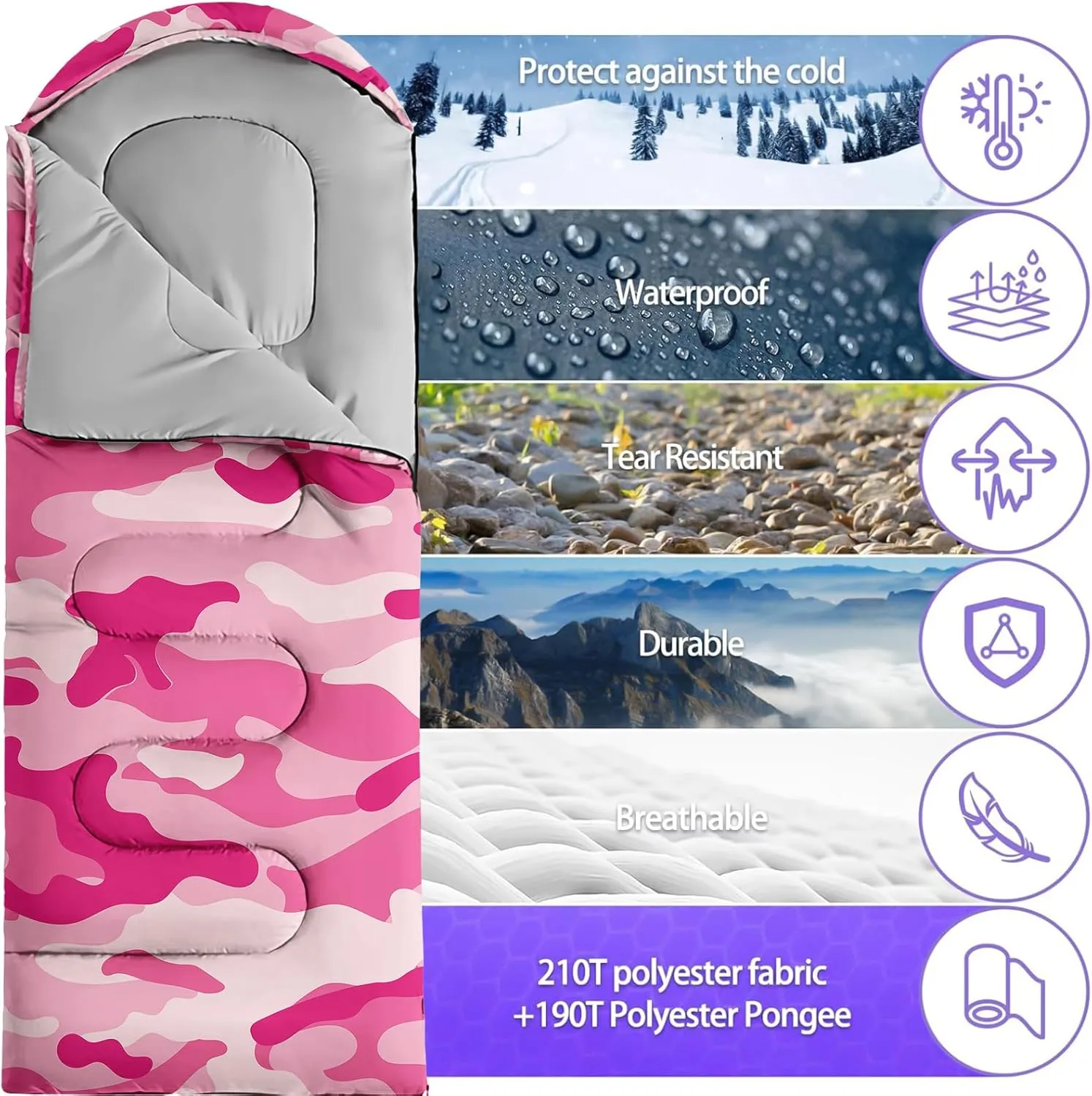 Sleeping Bags for Adults and Kids Backpacking Camping Sleeping Bags for Girls and Boys Lightweight Waterproof Cold/Warm Sleeping Bag for All Season