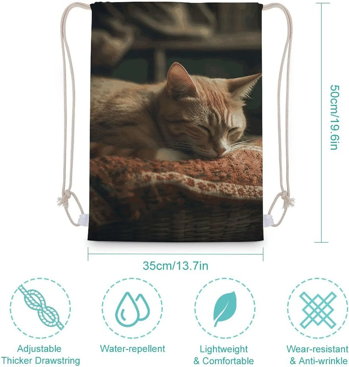 Sleeping Cat Drawstring Backpack Lightweight Canvas Gym Bags for Men Women, Sports, Beach, Travel 35x50cm