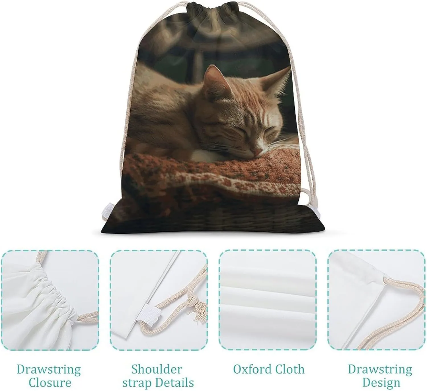 Sleeping Cat Drawstring Backpack Lightweight Canvas Gym Bags for Men Women, Sports, Beach, Travel 35x50cm