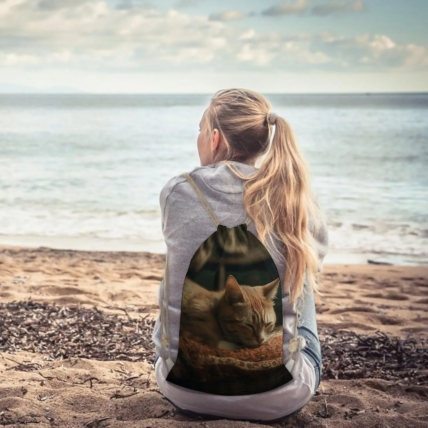 Sleeping Cat Drawstring Backpack Lightweight Canvas Gym Bags for Men Women, Sports, Beach, Travel 35x50cm