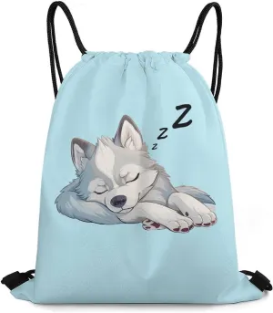 Sleeping Husky Dog Funny Drawstring Backpack Gym Bag String Bag Sport Gym Sackpack for Men Women