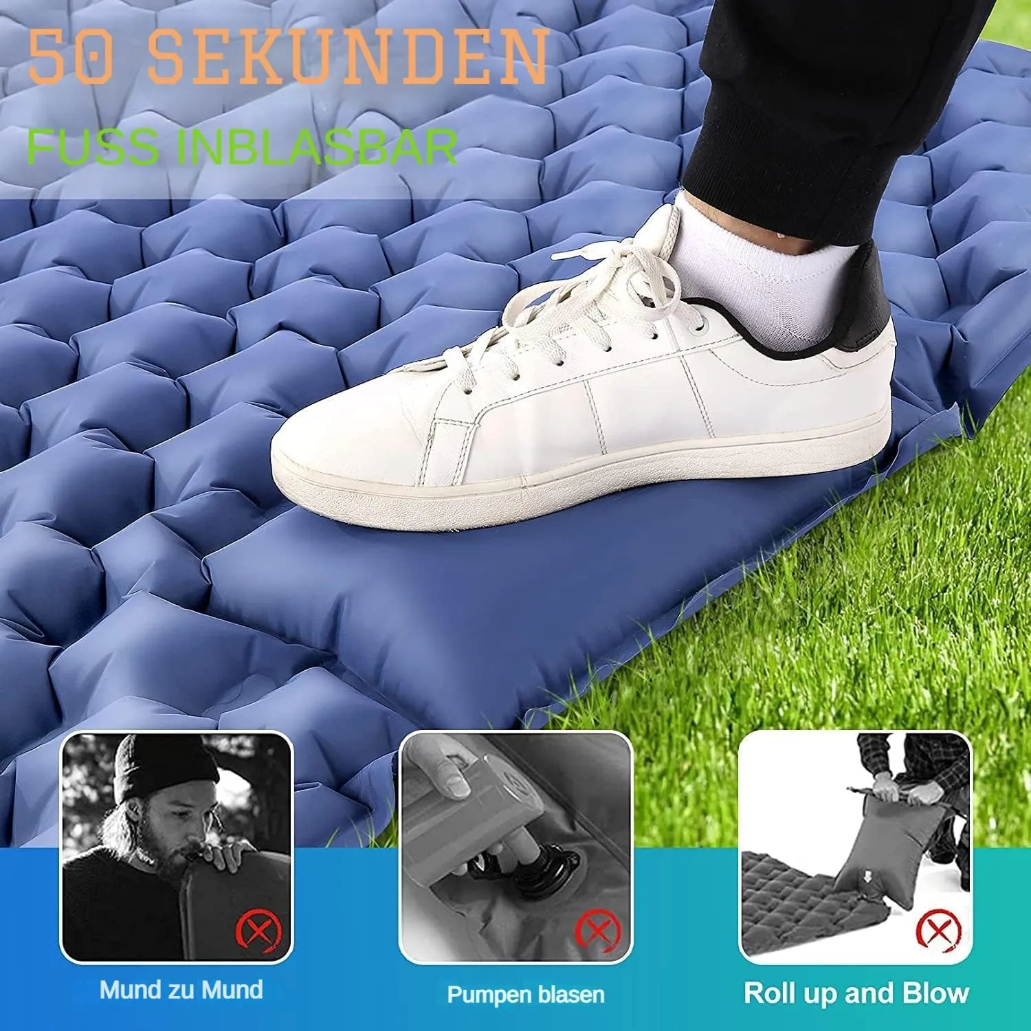 Sleeping Pad for Camping 2 Person, 200×120×6 cm, 79x48x2.5inch, 1.5kg, 30s Inflate by Foot-Pressing, Waterproof (Sky Blue)