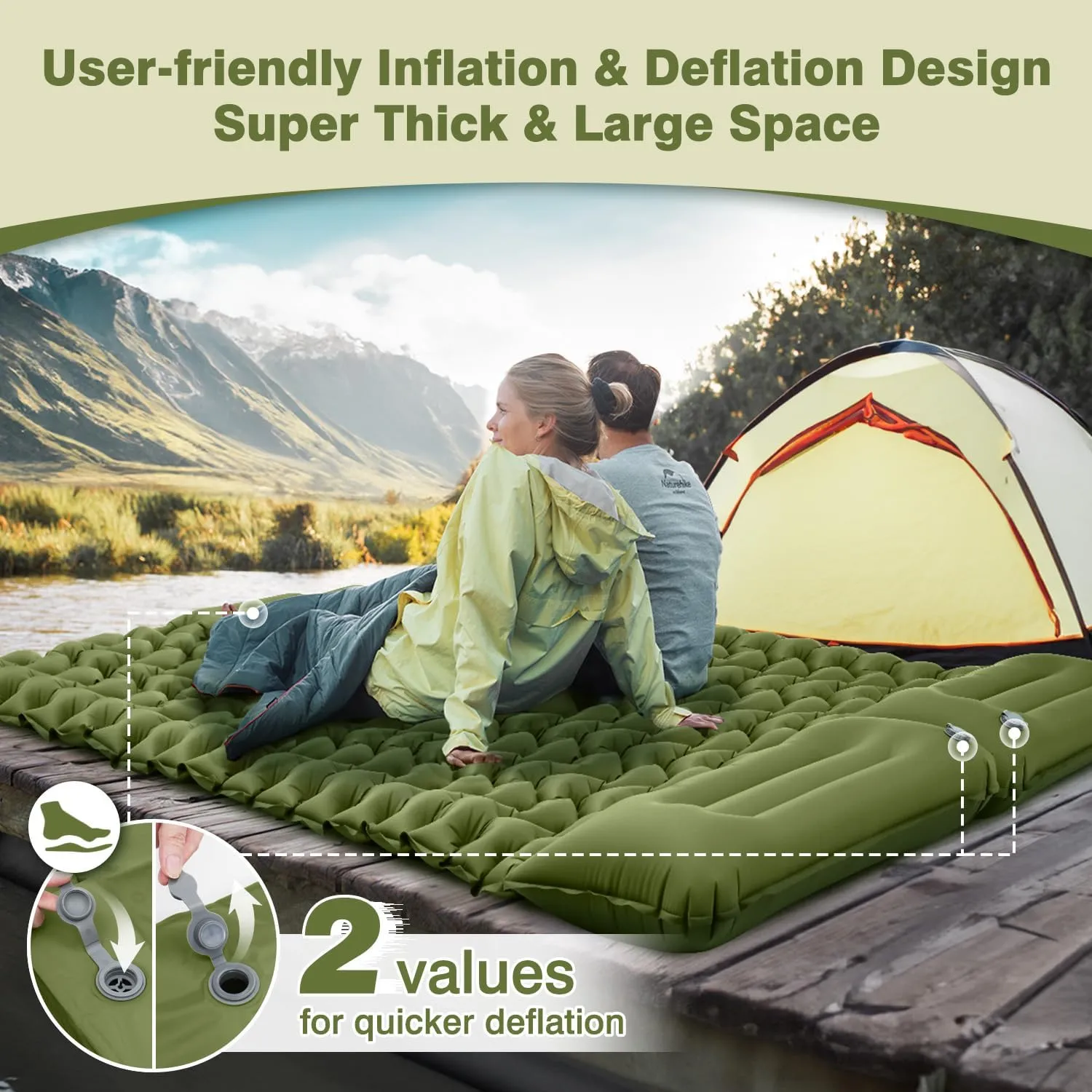 Sleeping Pad for Camping, 50D Double Inflating Camping Pad with Pillow Built-in Foot Pump, Portable Bed for Hiking, Tent, Backpacking, Road Trip, Traveling (Navy Green, 77"L x 50"W x 3.15"Th)