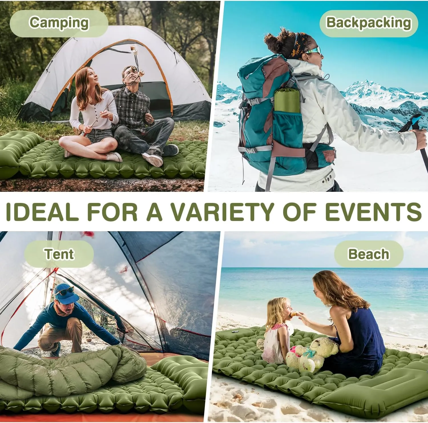 Sleeping Pad for Camping, 50D Double Inflating Camping Pad with Pillow Built-in Foot Pump, Portable Bed for Hiking, Tent, Backpacking, Road Trip, Traveling (Navy Green, 77"L x 50"W x 3.15"Th)