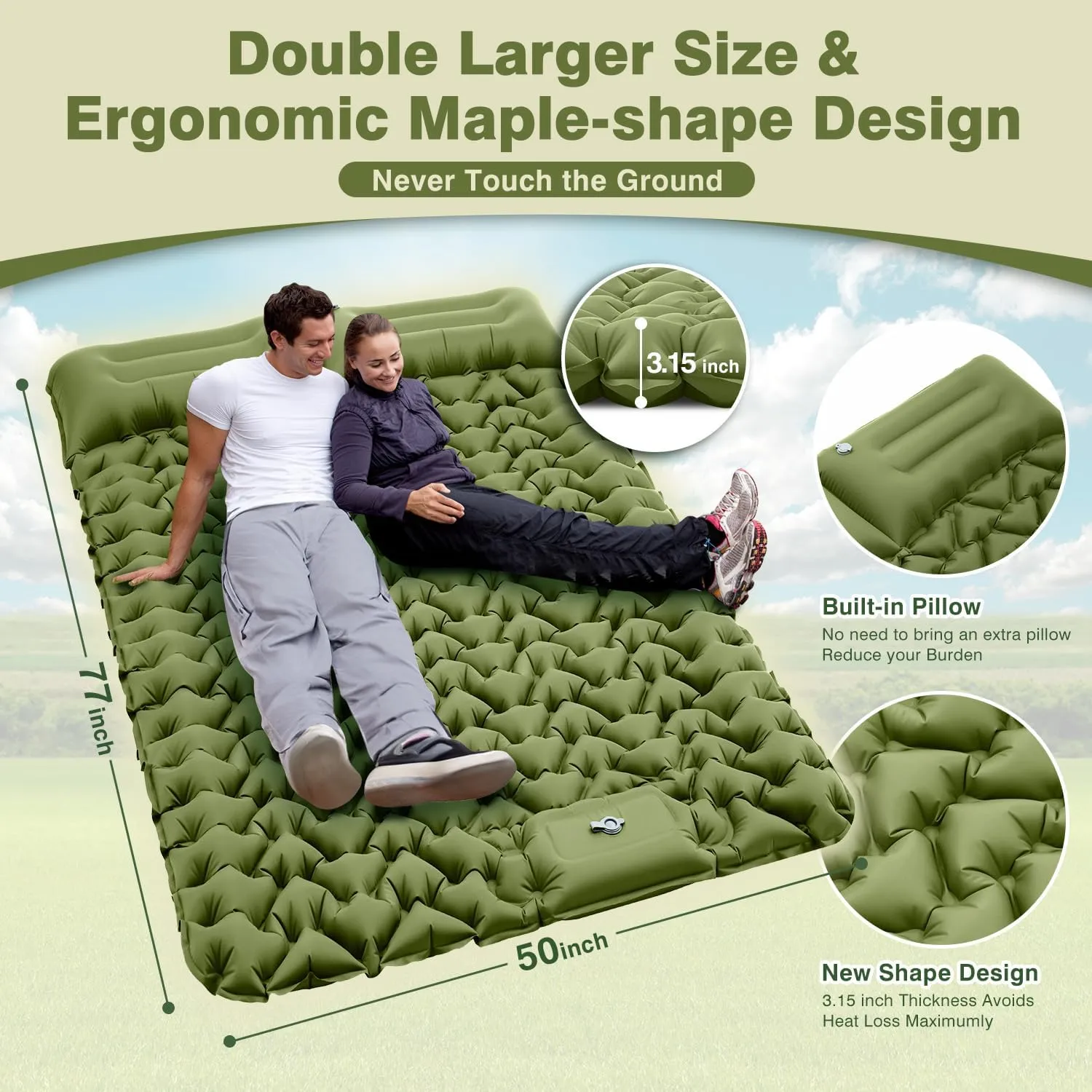 Sleeping Pad for Camping, 50D Double Inflating Camping Pad with Pillow Built-in Foot Pump, Portable Bed for Hiking, Tent, Backpacking, Road Trip, Traveling (Navy Green, 77"L x 50"W x 3.15"Th)