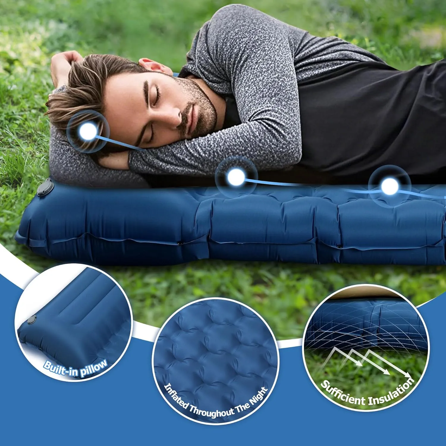 Sleeping Pad for Camping, Ultralight 4.7" Extra-Thick Inflatable Camping mat with Pillow Built-in Foot Pump, Compact Lightweight Air Mattress for Camping Backpacking Hiking Car Travel Tent, Navy Blue