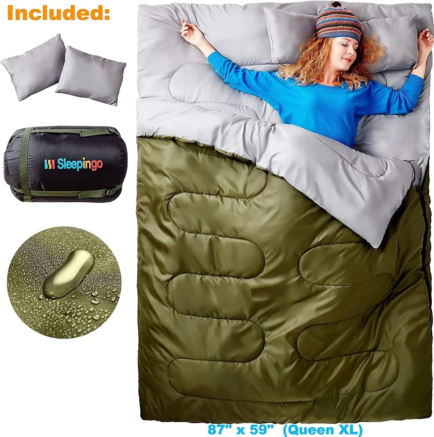 Sleepingo Double Sleeping Bag for Backpacking, Camping, Or Hiking. Queen Size XL! Cold Weather 2 Person Waterproof Sleeping Bag for Adults Or Teens. Truck, Tent, Or Sleeping Pad, Lightweight