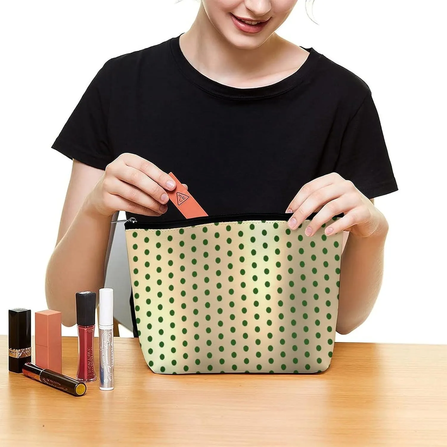 Small Cosmetic Bag, Classic Elegant Gold Green Polka Dots Makeup Bags Elegant Roomy Pouch for Women,Travel Toiletry Accessories Organizer