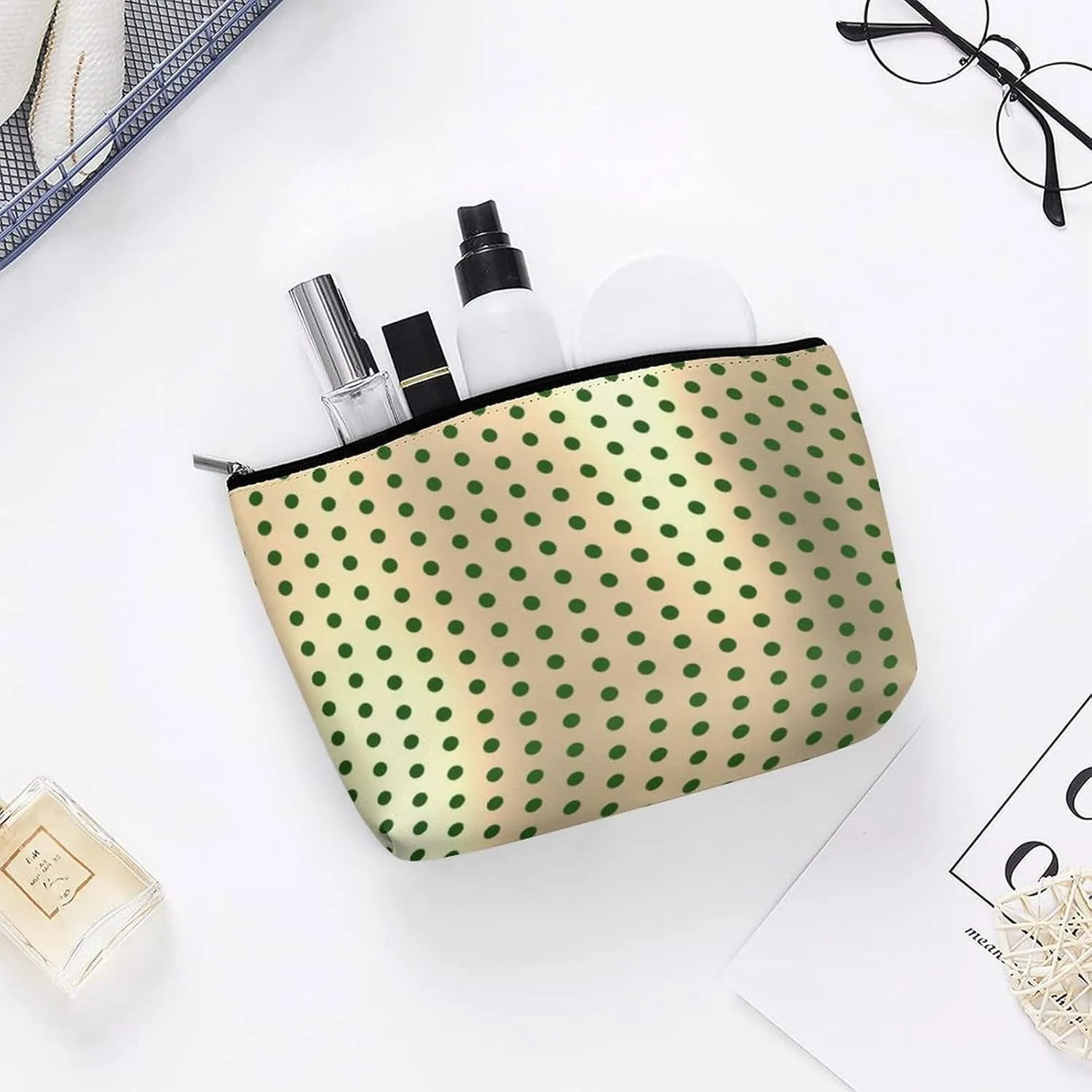 Small Cosmetic Bag, Classic Elegant Gold Green Polka Dots Makeup Bags Elegant Roomy Pouch for Women,Travel Toiletry Accessories Organizer