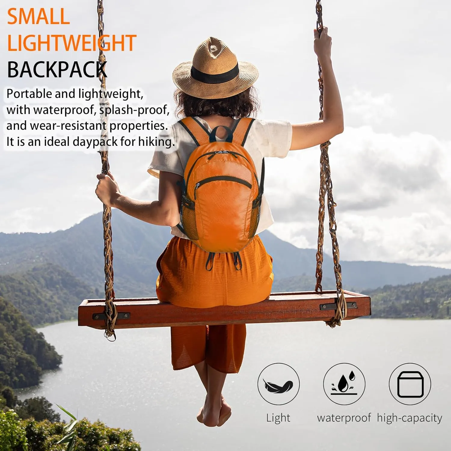 Small Hiking Daypack,15L Waterproof Hiking Backpack Packable Lightweight Travel Day Pack for Women Men (Orange, Small)