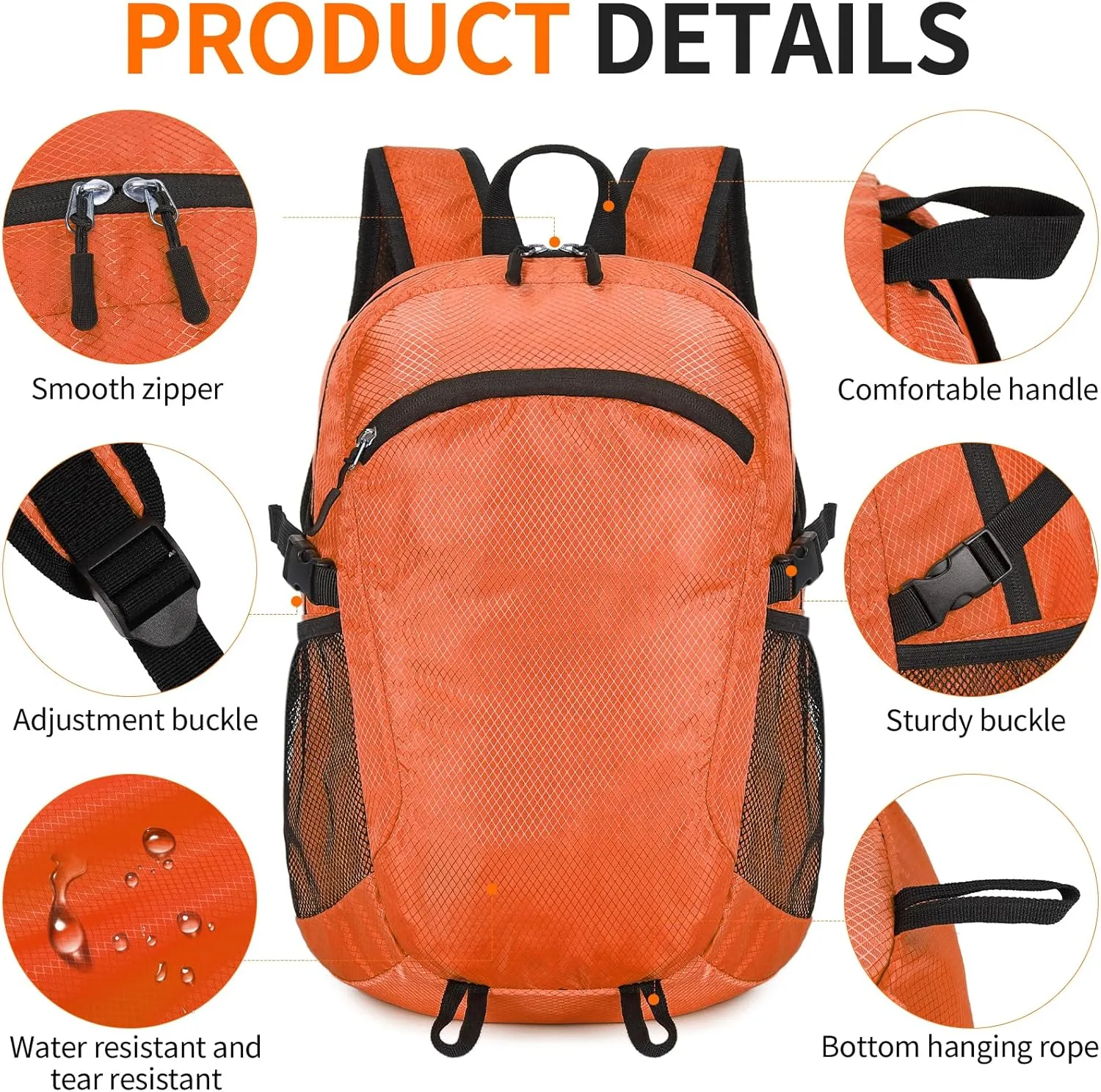 Small Hiking Daypack,15L Waterproof Hiking Backpack Packable Lightweight Travel Day Pack for Women Men (Orange, Small)