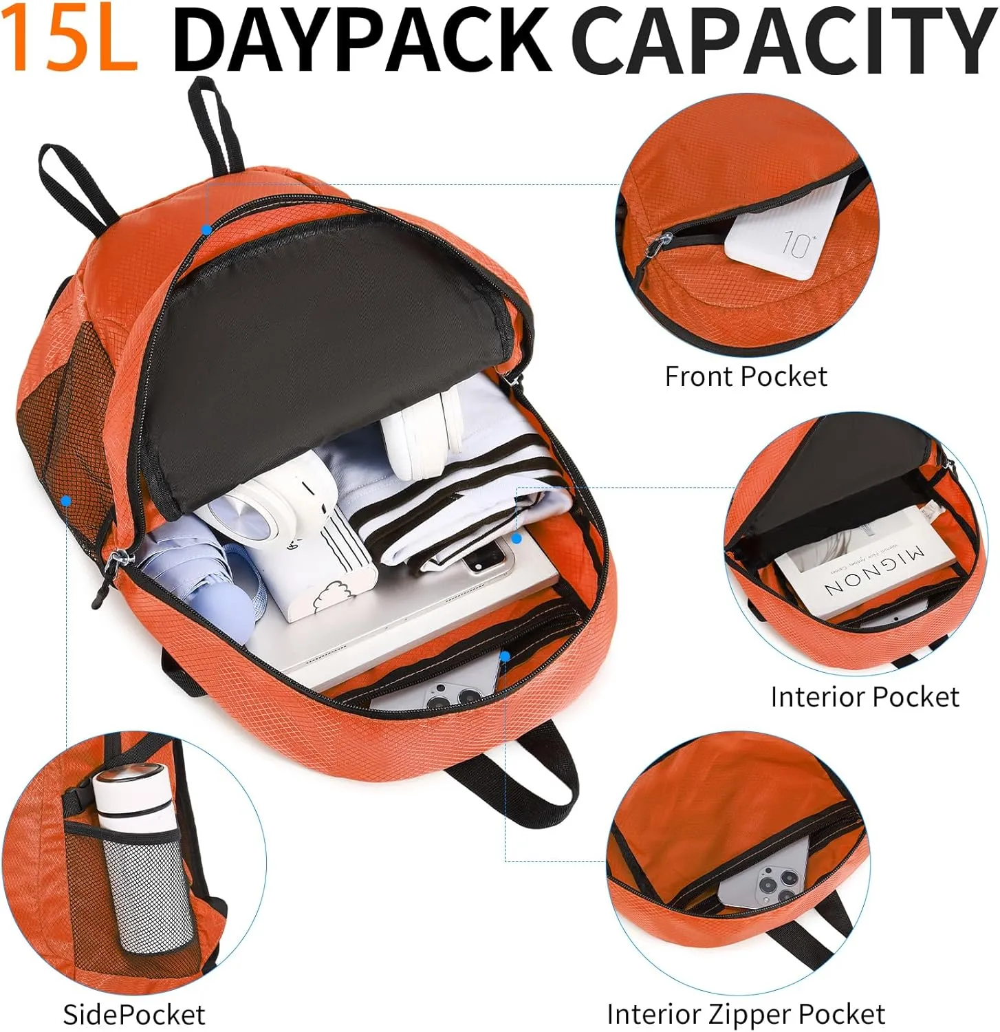 Small Hiking Daypack,15L Waterproof Hiking Backpack Packable Lightweight Travel Day Pack for Women Men (Orange, Small)