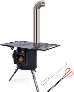 Small Wood Burning Stove Indoor Outdoor Stoves for Cooking Made of Hot Rolled Steel Tent Stove Includes Chimney Pipes and View Glass Tent Heaters for Camping
