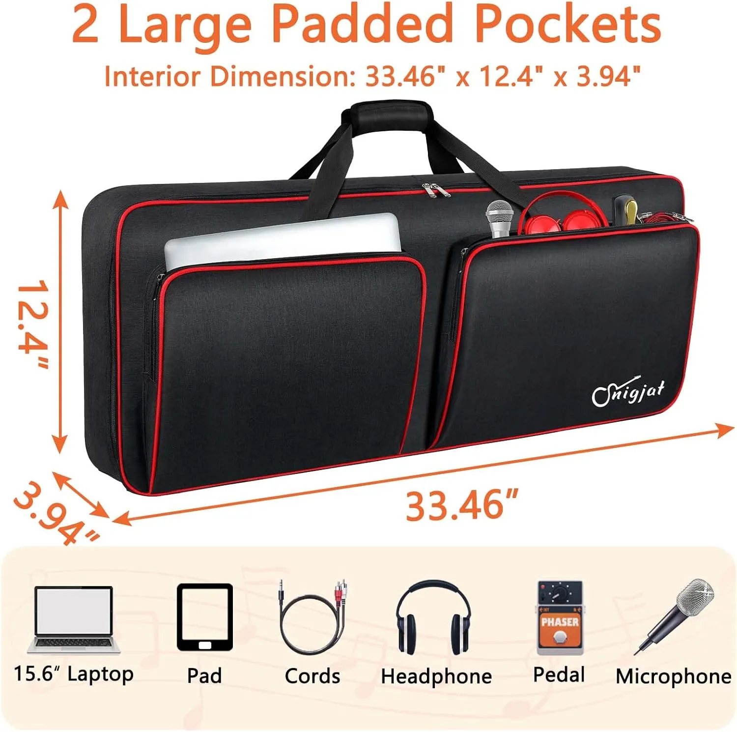 SNIGJAT 49 Key Keyboard Case Soft, Piano Bag with Padded Pockets for Instrument Parts and Accessories, Waterproof Keyboard Bag with Handle and Adjustable Shoulder Straps (Interior: 33.5"x 12.4"x3.9")