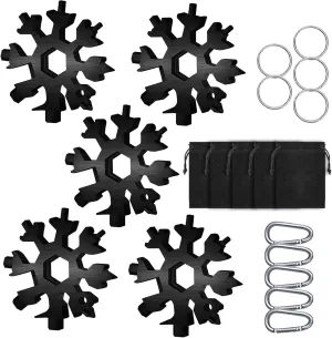 Snowflake Multitool, 5 Pieces 18-in-1 Stainless Steel Snowflake Standard Multitool, Snowflake Tool with Key Ring, Carabiner Clip and Gift Bag (Black)