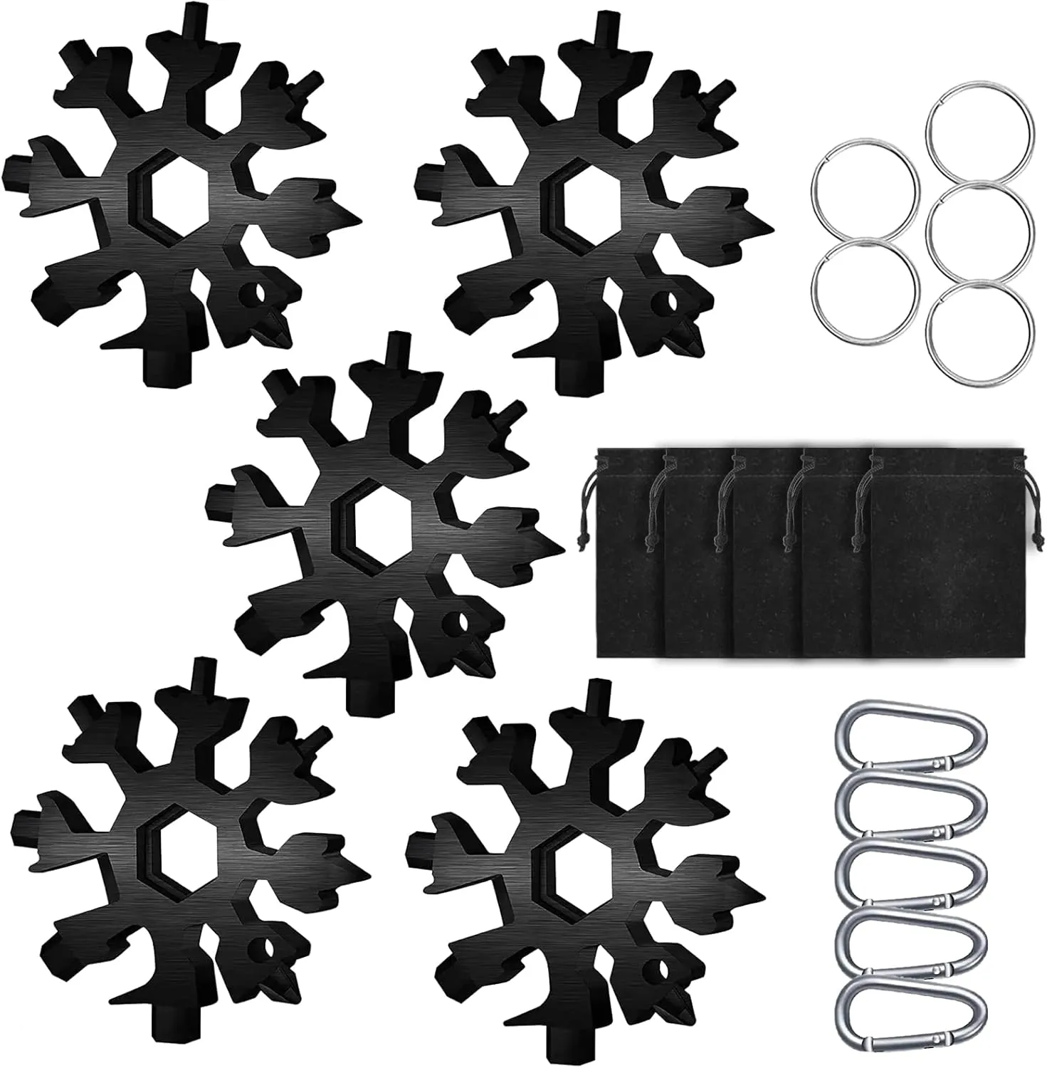 Snowflake Multitool, 5 Pieces 18-in-1 Stainless Steel Snowflake Standard Multitool, Snowflake Tool with Key Ring, Carabiner Clip and Gift Bag (Black)