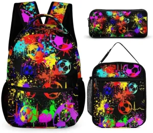 Soccer Backpack with Lunch Box & Pencil Case for Kids Girls Boys School, 16 Inch Cool Soccer Bookbag, School Backpack for Students Children, sustainable, Lightweight, Large Capacity