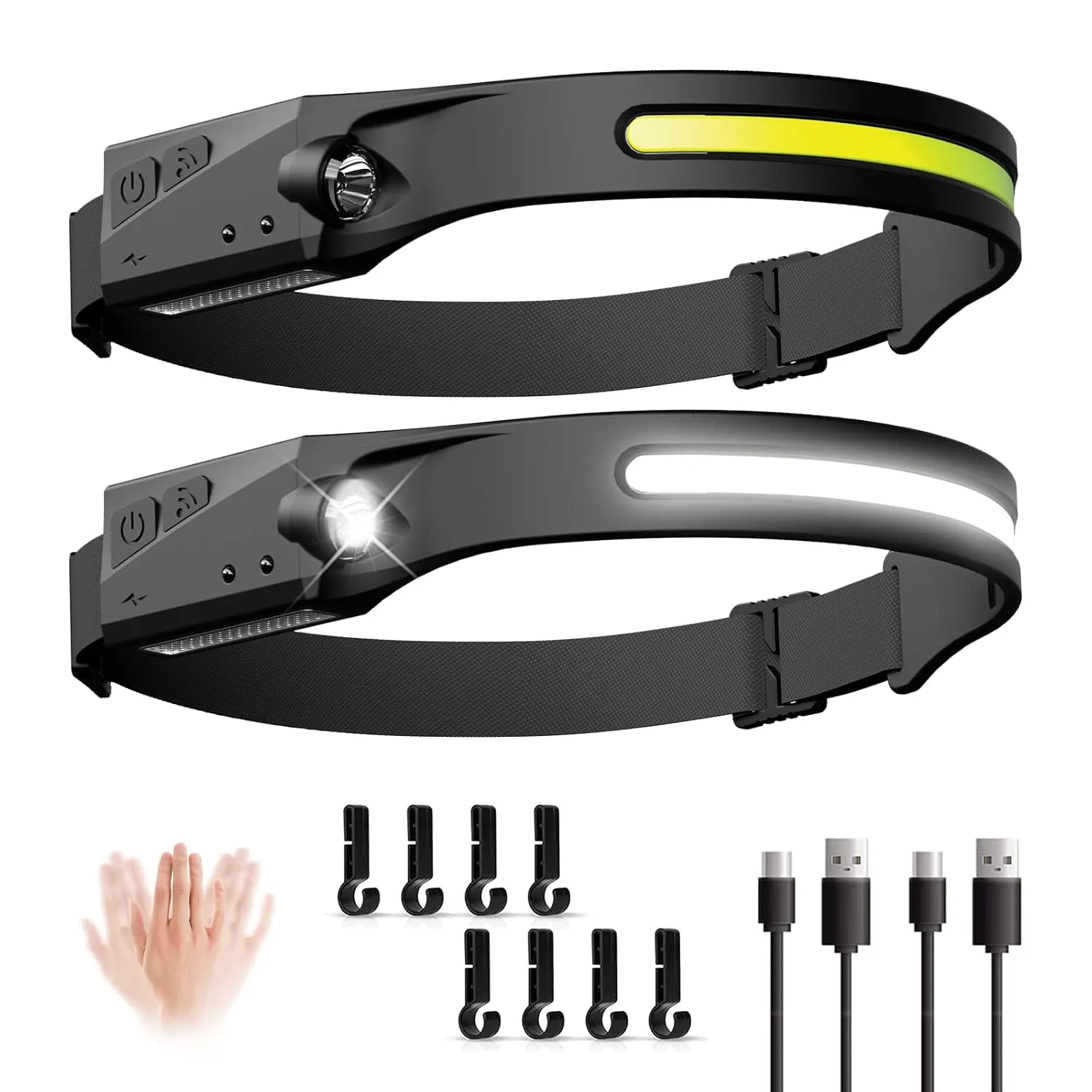 Sonny Brook Hams 2 PCS LED Headlamp Rechargeable, 230° Wide Beam Headband with All Perspectives Induction, 5 Modes Motion Sensor Flashlight, Outdoor Waterproof for Camping Running Cycling