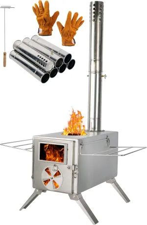 SOPPY Hot Tent Stove for Camping, 304 Stainless Steel Wood Burning Stove with 7 Chimney Pipe, Backpacking Tent Stove for Ice Fishing, Camping, Hunting, Hiking, Silver