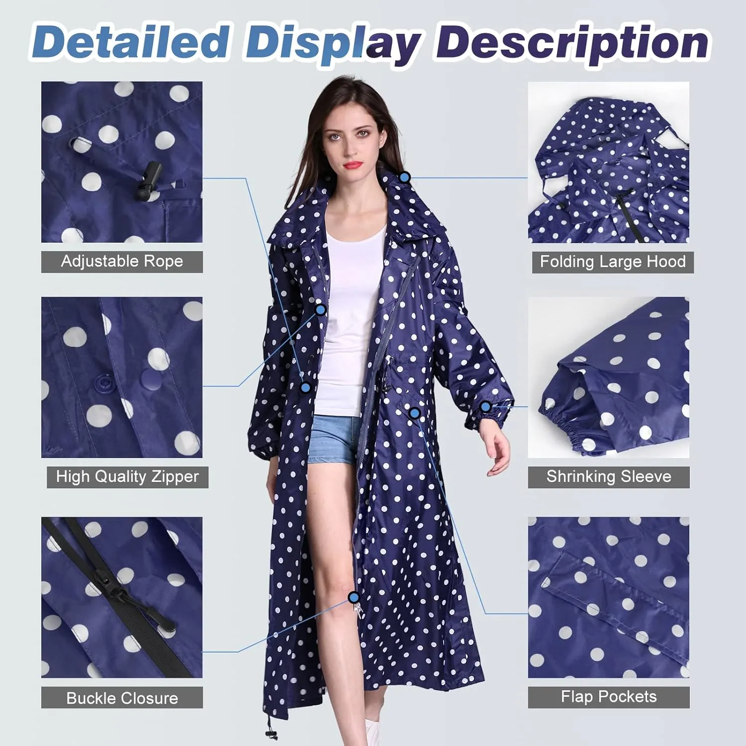 SOPPY Rain Coats for Women, Long Waterproof Raincoat Lightweight Hooded Rain Jacket for Hiking Travel Outdoor
