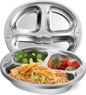 SOUJOY 4 Pack Stainless Steel Divided Plate, 3 Sections Diet Control Dinner Plate, Unbreakable Monkey Shape Compact Food Serving Tray for Kids, Picky Eaters, Campers