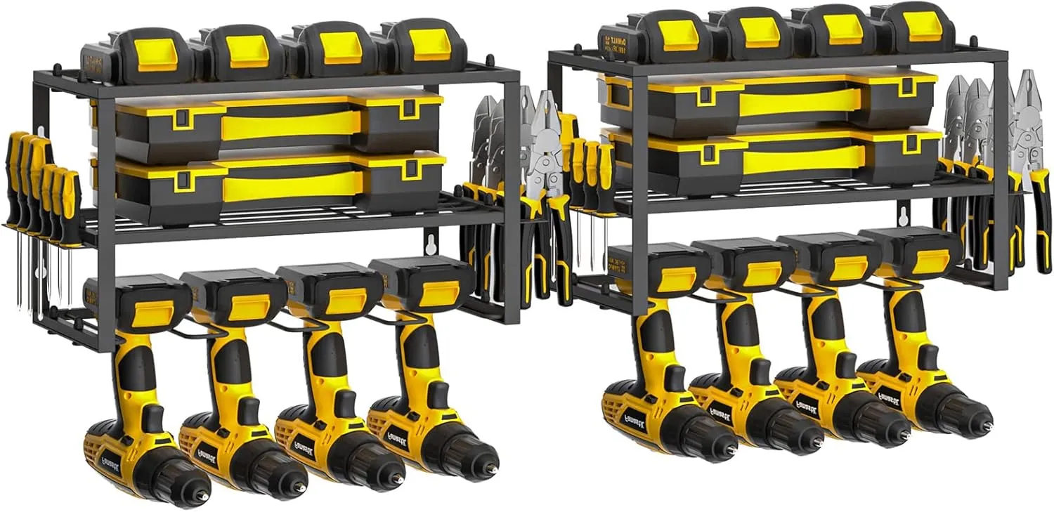 Spacecare Power Tool Organizer- Power Drill Tool Holder- Heavy Duty Tool Shelf & 2 Pack 3 Layers Tool Rack Cordless Drill Holder- Floating Tool Shelf Wall Mounted Tool Storage Rack for 8 Drill Holders
