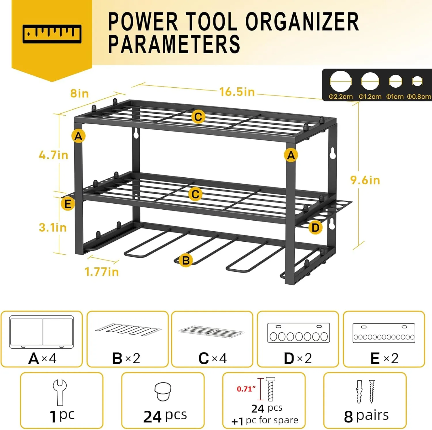 Spacecare Power Tool Organizer- Power Drill Tool Holder- Heavy Duty Tool Shelf & 2 Pack 3 Layers Tool Rack Cordless Drill Holder- Floating Tool Shelf Wall Mounted Tool Storage Rack for 8 Drill Holders