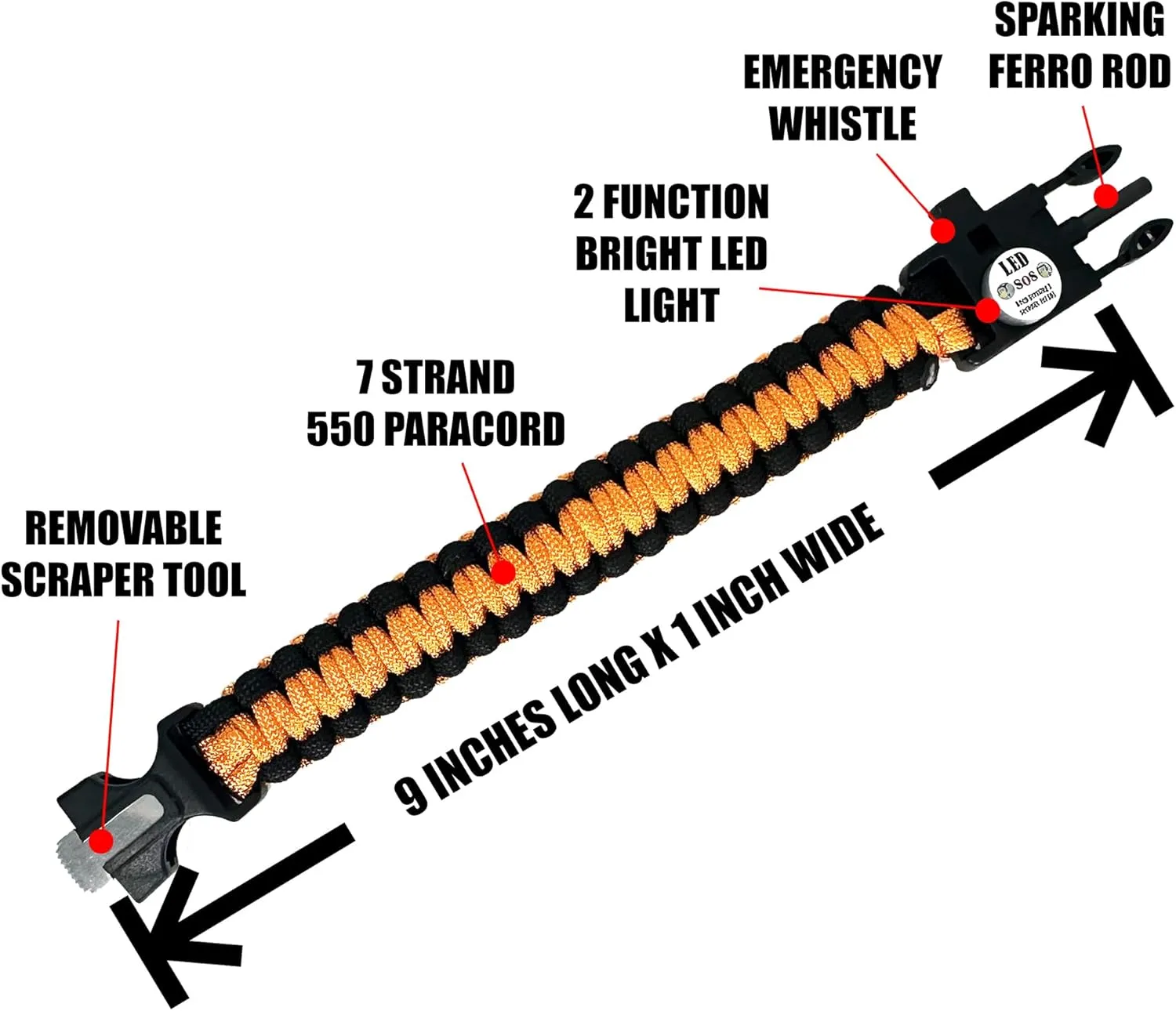 Spark and Shine Paracord Bracelet - Orange - Bright LED SOS Light and Ferro Rod with Scraping Tool - Emergency Survival Whistle - 550 Paracord - Perfect Tool for The Outdoors (10)