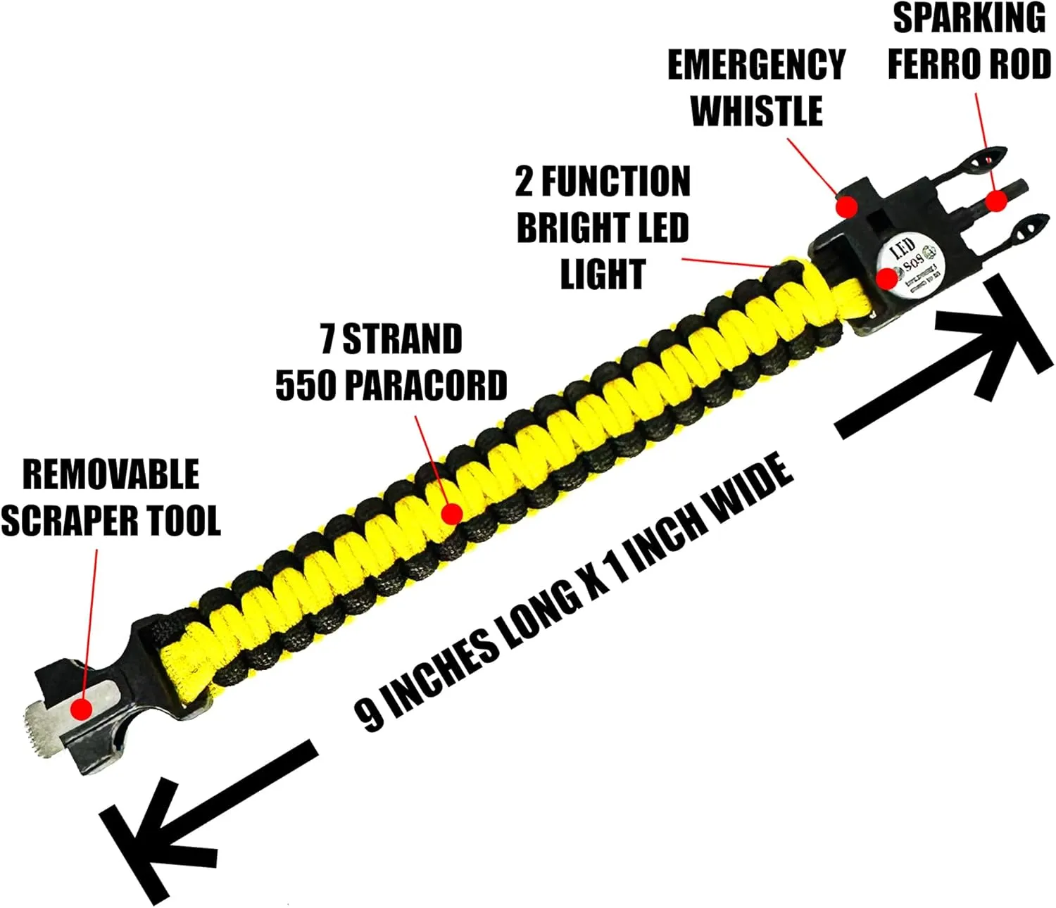 Spark and Shine Paracord Bracelet - Yellow - Bright LED SOS Light and Ferro Rod with Scraping Tool - Emergency Survival Whistle - 550 Paracord - Perfect Tool for The Outdoors (5)